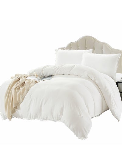 Buy 4-Piece King Size Duvet Cover Set with Pompom Lace and No Filler White in Saudi Arabia