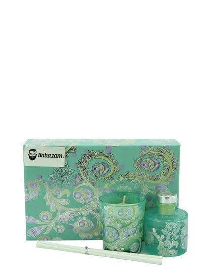 Buy Scented Candle Set With Fragrance Oil And 6 Pieces Of Sticks Green in UAE