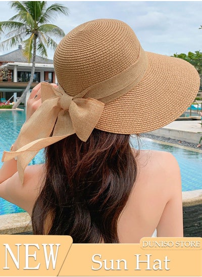 اشتري Women's Foldable Sun Straw Hat Big Bowknot Summer Wide Brim Roll Up Beach Cap Summer Solid Travel Beach Cap UV Protection UPF50+for Vacation Outdoor Activities في الامارات