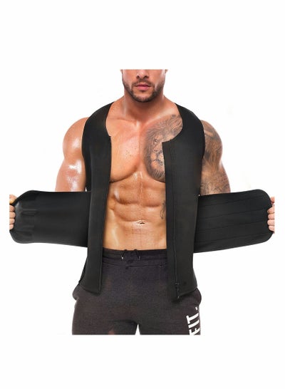 Buy Sauna Vest with Waist Trainer for Men, 2 in 1 Mens Abdomen Trainer Neoprene Slimming Workout Vest Shaper Promotes Healthy Sweat, Weight Loss, Lower Back Posture in Saudi Arabia