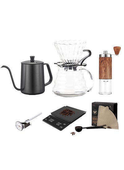 Buy 8-Piece Portable Pour Over Coffee Maker Set with Manual Grinder and 600ml Kettle for Professional Hand Brewed Coffee in UAE