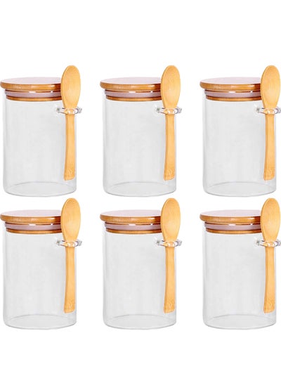 Buy 6-Piece Glass Jars With Airtight Wooden Lid and Wooden Spoon Size 450ml X 6 Airtight Jars for Spice Tea Coffee Cookies Candies Dry Fruits Kitchen Storage Jars Size 8.5cm*10cm in UAE