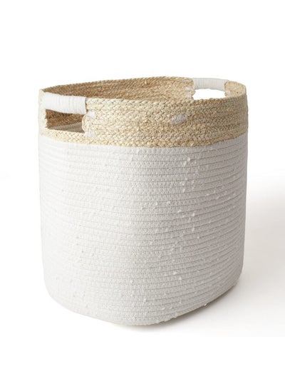 Buy Cotton Rope Storage Basket With Corn Skin Organizer Bin For Baby Toys Laundry Blanket Home Décor Gift 15(L) X 11(W) X 14(H) Inches Natural Color Beige Patterned in Saudi Arabia
