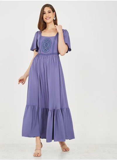 Buy Embroidered Square Neck A-Line Maxi Dress in Saudi Arabia