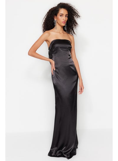 Buy Black Body-fitting Woven Satin Long Evening Evening Dress TPRSS23AE00079 in Egypt
