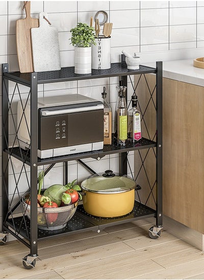 Buy 3-Tier Rolling Foldable Storage Shelves with Wheels,Multi-Tier Foldable Metal Kitchen Cabinet Organizers,for Kitchen,Living Room,Office,Black 85x72x34cm in Saudi Arabia