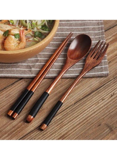 Buy 3pcs Japanese-Style Stylish Wooden Tableware Set, With Spoon, Chopsticks & Fork in UAE