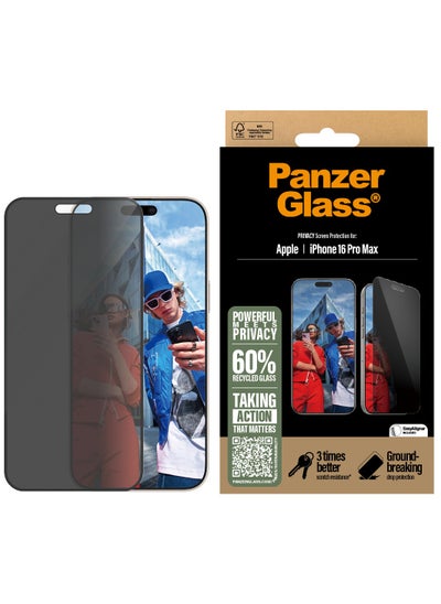 Buy PanzerGlass® Privacy Screen Protector for Apple iPhone 16 Pro Max Tempered Glass, High Scratch Resistance, Impact Resistance, Smudge-Free Coating - with mounting aid for easy installation in UAE