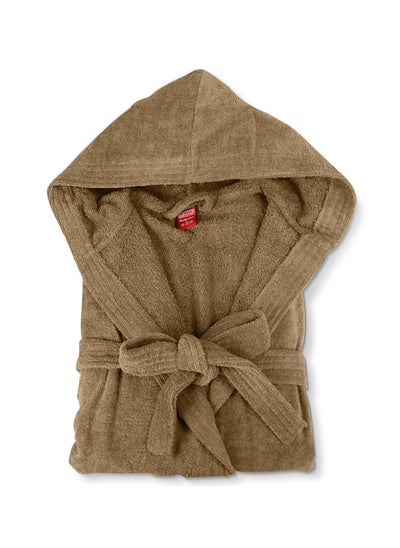 Buy Bathrobe Unisex Adult velour Salerino 100% Cotton 1300 Grams Luxury Feel Premium Look Super Absorbent Quick Dry Hood & Pocket Size LARGE Brown Color in UAE