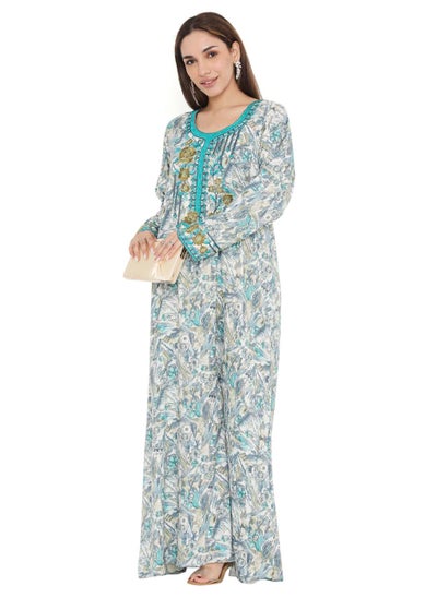 Buy HIGH QUALITY VISCOSE JALBIYA WITH MULTICOLOR THICK THREAD EMBROIDERY ARABIC KAFTAN JALABIYA DRESS in Saudi Arabia