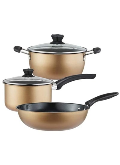 Buy 3 Piece Nonstick Cookware Set | Multi Use Cookware Set Gold | Cookware Set with Glass Lids Suitable for All Stoves in Saudi Arabia