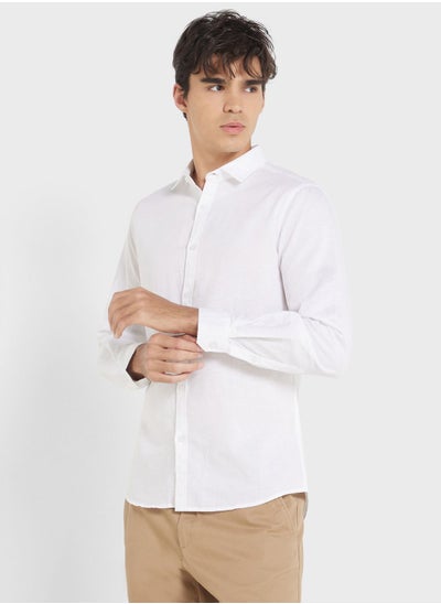 Buy Men White Regular Fit Solid Casual Linen Sustainable Shirt in UAE