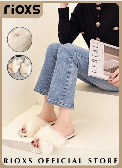 Buy Women's Cross Band Fluffy Slippers Soft Plush Cozy Open Toe House Shoes Furry Warm Comfy Slip-ons for Indoor or Outdoor Use in Saudi Arabia