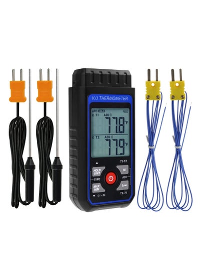 Buy K/J Type Thermocouple Dual Channel Thermometer, T1-T2 Channel Temperature Measurement Wide Range Digital Thermometer with Backlight and Thermocouple Temperature Compensation in UAE