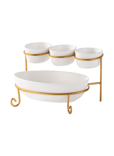 اشتري Shallow Porcelain 2-Tier Oval Serving Set with Gold Stand Rack - 3x 10cm and 1x 24cm في الامارات