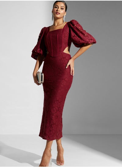 Buy Balloon Sleeve Lace Detail Dress in UAE