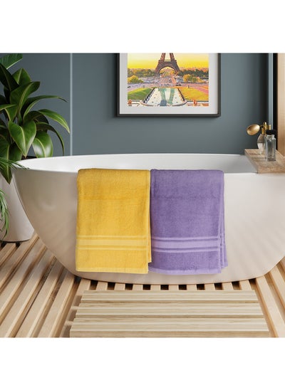 Buy 4 Piece Bathroom Towel Set SIR HENRY 450 GSM 100% Cotton Terry 2 Bath Towel 70X140 cm & 2 Hand Towel 50x90 cm Purple & Yellow Color Soft Feel Super Absorbent in UAE