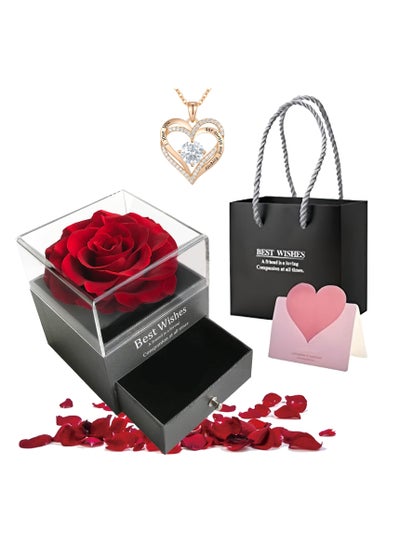 Buy Adando Eternal Rose with Gift Box Cute Eternal Red Rose Set with I Love You Necklace Handmade Preserved Rose Jewelry Box for Mom/Wife/Girlfriend A Romantic Gift for Her in Saudi Arabia