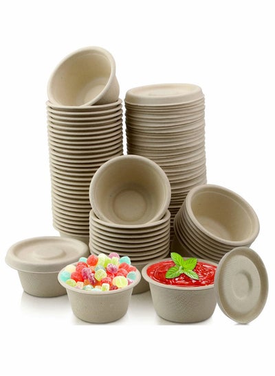 اشتري Natural Bagasse Fiber Bowls, Small Disposable Paper Bowls Cups Souffle and Lids for Sauce Portion Sample Snack (50 Sets 2oz) في السعودية