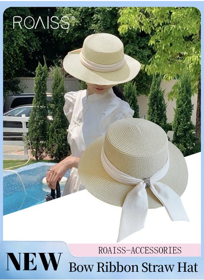 Buy Holiday Straw Beach Hat for Women Wide Brim Bow Ribbon Boater Hat Flat Top Classic Sun Hat for Summer Beige in Saudi Arabia