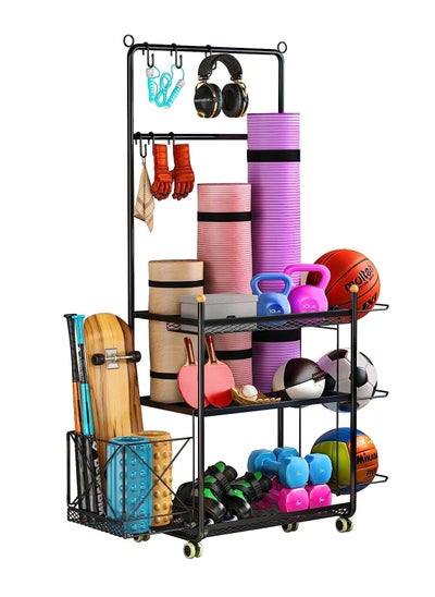 Buy NOAEOU 3 tier yoga mat storage rack with storage basket and exercise ball rack in Saudi Arabia