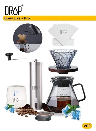 Buy Diamond Cut V60 Coffee set 600ml Glass Server, New Shape Dripper with Wooden Base, 100 Paper Filters, Adjustable Manual Coffee Grinder, and Cold Coffee Glass for drip coffee maker in Saudi Arabia