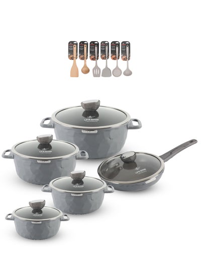 اشتري 16Pcs Granite Coated Healthy Cookware Set - Aluminum Cooking Casserrole Set Inclued Casserole (20, 24, 28, 32CM)  French Frying Pan 28CM & Nylon Wooden Tools - 100% PFOA Free في الامارات