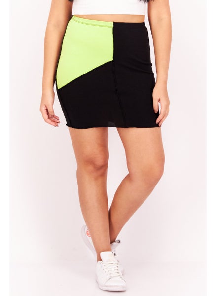 اشتري Women Two-Tone Casual Mini Skirt, Black/Lime Green في الامارات