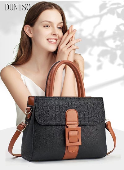 Buy Fashionable Handbag for Women Crossbody Leather Tote Top Handle Satchel Contrast Color Stitching Shoulder Bags with Adjustable Strap for Work in UAE