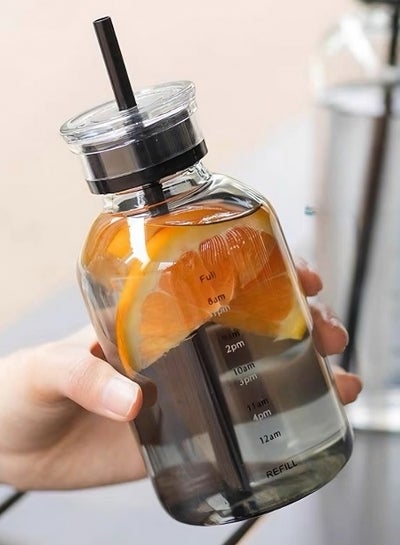 Buy 550ml Transparent Black Glass Water Bottle: Portable, Cute Design with Straw, Handle, Silicone Sleeve, Time Marker, and Scale. Aesthetic and Creative Juice Cup in UAE