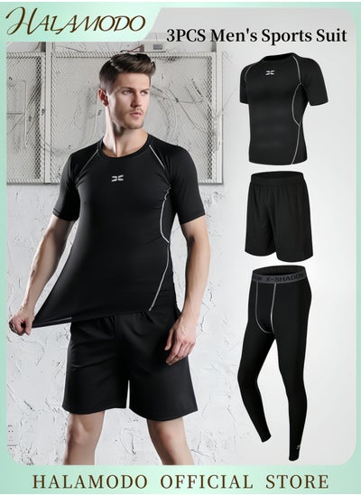 Buy 3PCS Men's Compression Pants Shirt Top Sports shorts Athletic Sets Gym Clothing Base Layer Compression Leggings Running Pants Tights as Valentine's Day gift in Saudi Arabia