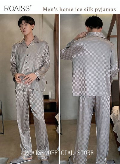 اشتري 2-Piece Set Men's Long Sleeves Sleepwear Sets Satin Checked Printing Sleepwear Pajamas Pants Silk Nightgown Male Loose Shirts Spring Summer Loungewear Home Clothes في الامارات