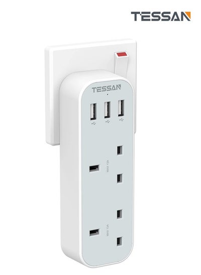 Buy TESSAN Double Plug Adaptor with 3 USB, 2 Way Multi Plugs Extension Adapter, 13A UK 3 Pin Wall Charger Sockets Power Extender for Home, Kitchen, Office, School Supplies in Saudi Arabia