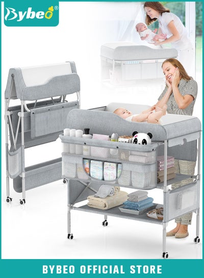 Buy Baby Diaper Changing Table, Foldable Infant Diaper Station with Wheels, Nursery Organizer for Newborns, Babies Dresser Changing Table with Storage Rack, Strengthen Structure and 3 Adjustable Heights in Saudi Arabia