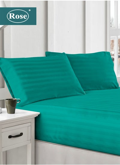 Buy Rose Luxurious Hotel Stripe Fitted Sheet with Deep Pockets and Pillow Cases, Bed Sheet 3-Pieces Set, Soft & Silky Microfiber Fabric, Breathable and Cooling (King Size 200X200+35 cm - Teal) in Saudi Arabia