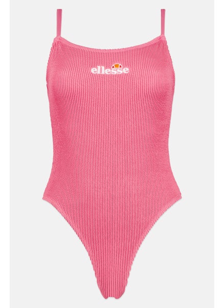 Buy Women Sleeveless Embroidered Logo One Piece Swimsuit, Pink in UAE