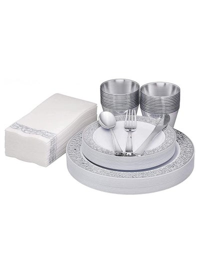 اشتري 175 Piece Silver Lace design Dinnerware Set - 50 Silver Lace Plastic Plates-25 Silver Plastic Silver ware-25 Silver Plastic Cups-25 Linen Like Silver Paper Napkins في الامارات