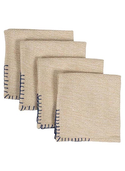 Buy Blanket Stitched Napkin, Beige & Blue - Set of 4, 40x40 cm in UAE