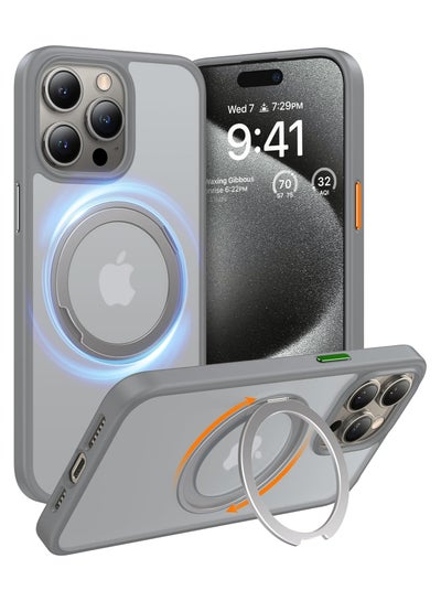 اشتري 360°Rotatable Magnetic Ring for iPhone 15 Pro Max Case, Compatible with MagSafe with Stand & Ring Holder, Military Grade Shockproof Translucent Back Phone Case Ostand R, Grey Titanium في الامارات