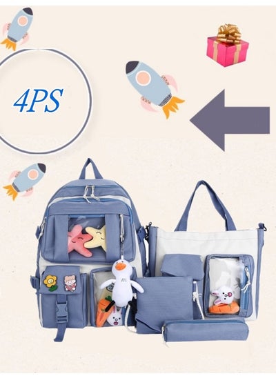 Buy 4PCS School Backpack Set for Girls, Lightweight Large Capacity School Travel Bags with Lovely Pendant for Teenager, 1 Backpacks, 1 Pencil Bag, 1 Messenger Bag and 1 Shoulder bag (Blue) in Saudi Arabia