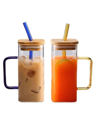 Buy 2-Piece Square Glasses with Handles Glacier Cup Drinking Cup Cold Drink Coffee Cup with Straw in UAE