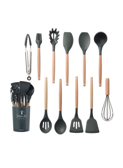 Buy 11-Piece Wooden Handle Non Stick Cookware Spoon Set Black/Brown in Saudi Arabia