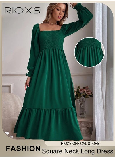 اشتري Women's Elegant Square Neck Long Sleeve Dress Ruffle High Waist Open Cuff Dress Fashion Bodycon Maxi Dress في السعودية