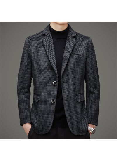 اشتري Autumn and Winter New Wool Suit Jacket Mens Fashion Casual Plaid Slim-fit Warm Wool Small Suit Single West Black في الامارات