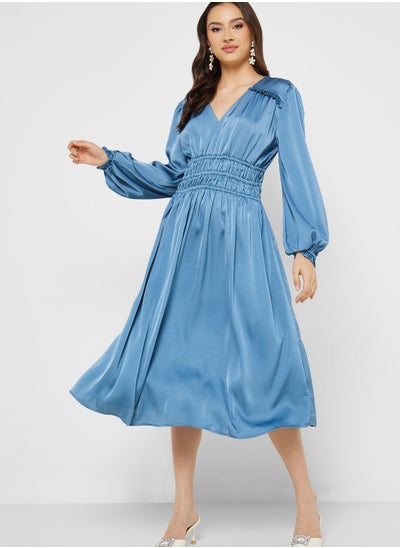 Buy Ruched Waist Plisse Tiered Dress in UAE