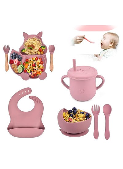 اشتري Baby Feeding Set,  8Pcs Silicone Infant Dinnerware Suction Set Includes Baby Plate, 2 Spoon, 2 Fork, Bib, Bowl, Water Cup, Food Grade Silicone BPA Free, Kids Divided Non-slip Feeding Dishes (Pink) في الامارات