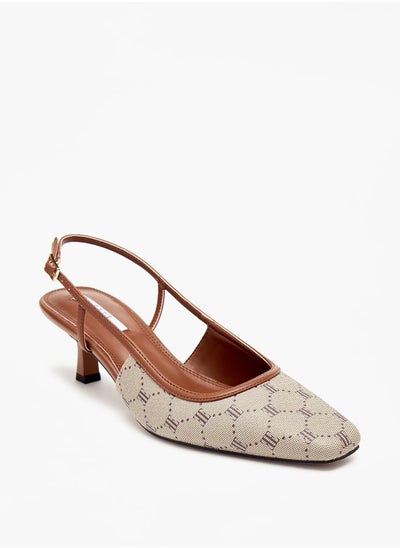 اشتري Women's Monogram Print Slingback Shoes with Buckle Closure and Kitten Heels في الامارات