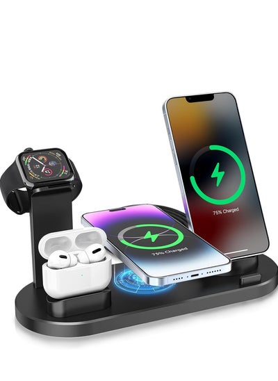 اشتري 6 in 1 Multifunctional Wireless Charger Stand, Fast Wireless Charging Station for Phone, Watch, Headset, for Apple Watch, iPhone, Samsung Galaxy, for Smartphones, 360° Rotatable Charging Dock في الامارات