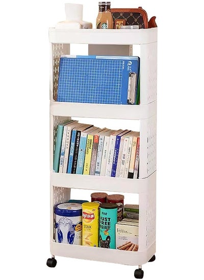 اشتري Tier Plastic Storage Shelf Rolling Utility Cart Narrow Storage Organizer Shelves Storage Trolley with Lockable Wheels,Easy Assembly for Bathroom,Kitchen,Office 39x21x94cm (White) في الامارات