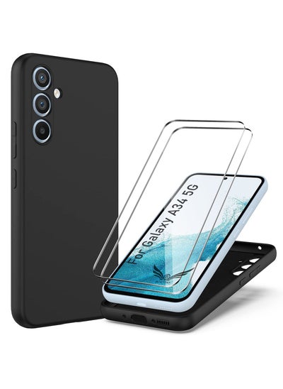 Buy Galaxy A34 5G Case with 2 Pack Tempered Glass Screen Protector Microfiber Shockproof Soft Liquid Silicone Protective Phone Cover for Samsung Galaxy A34 5G in UAE